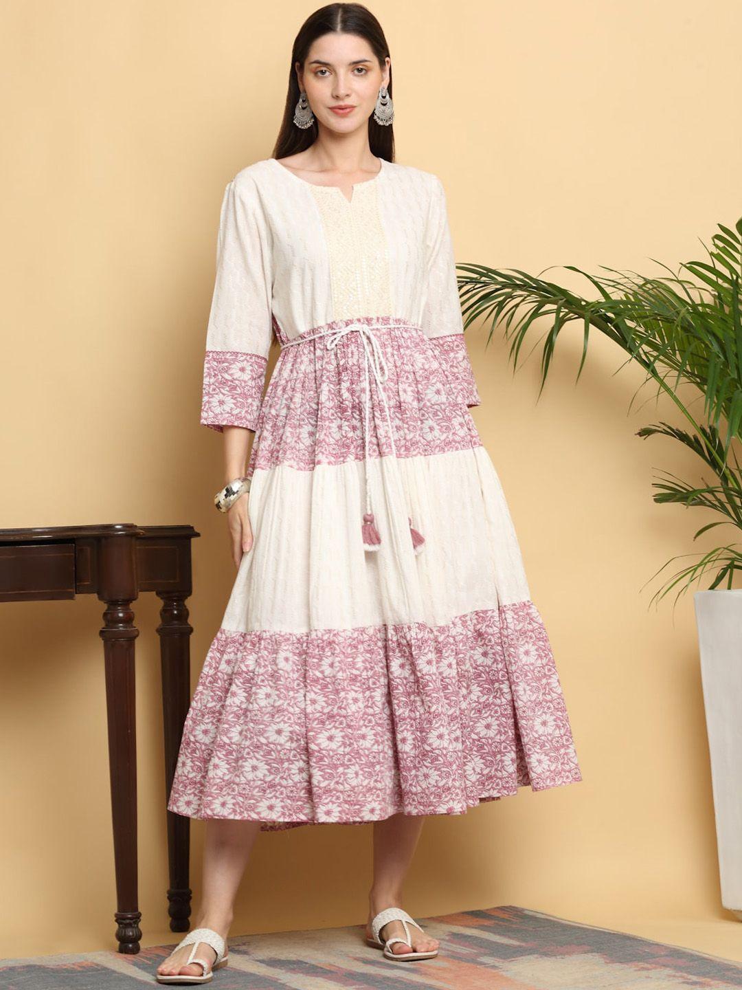 kalini ethnic motifs printed sequined cotton fit and flare midi ethnic dress