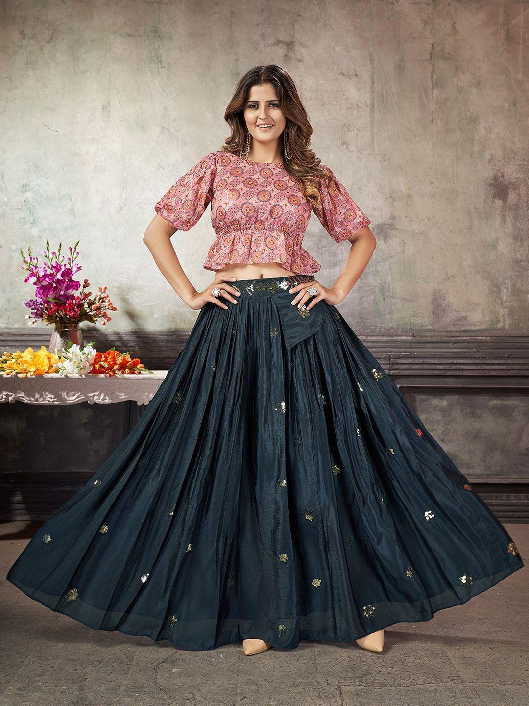 kalini ethnic motifs printed sequined crop top with skirts co-ords