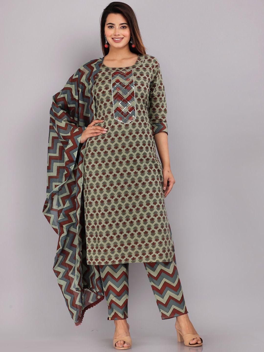kalini ethnic motifs printed sequined pure cotton kurta with trousers & dupatta
