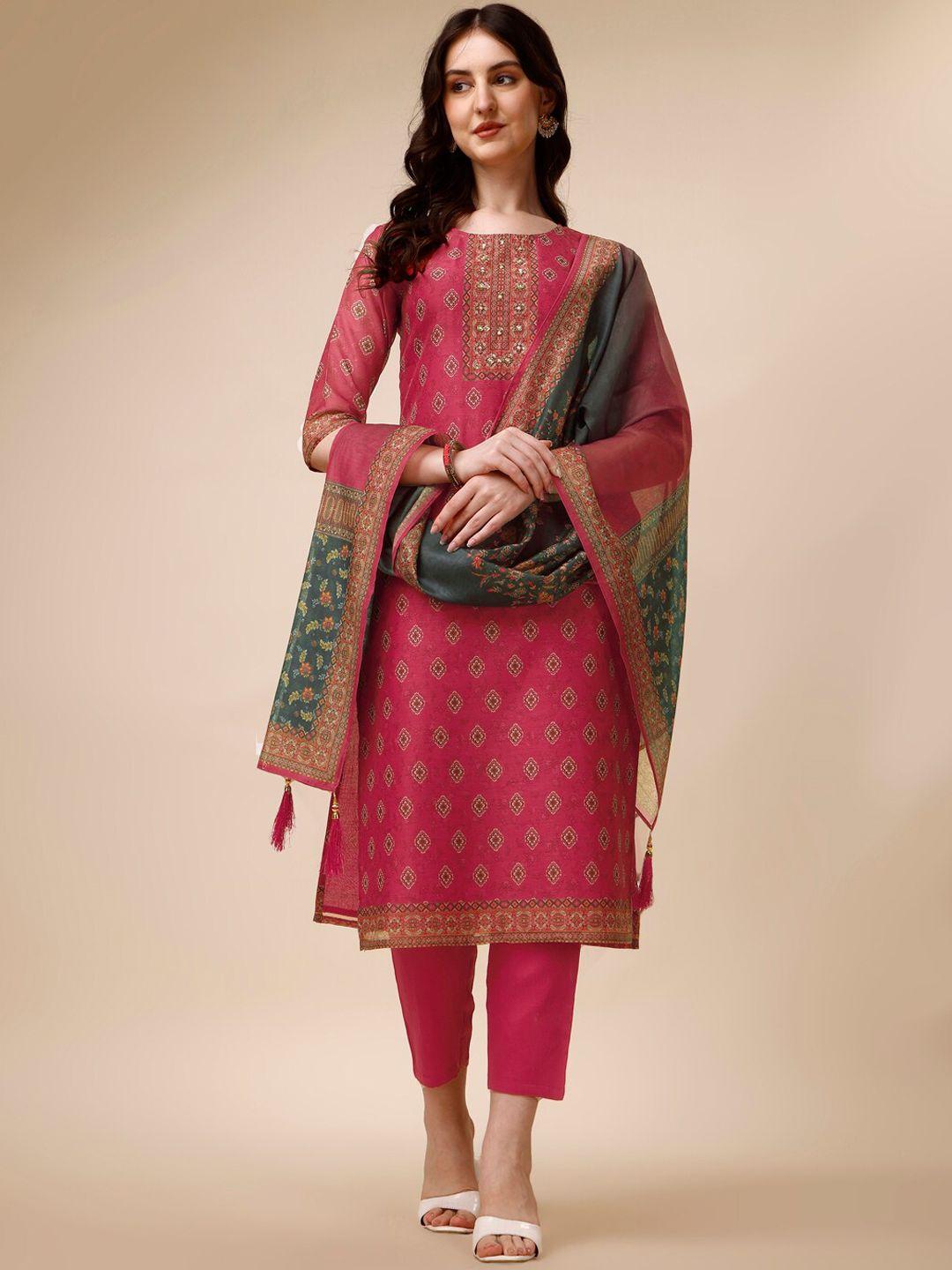 kalini ethnic motifs printed sequinned chanderi cotton kurta with trousers & dupatta