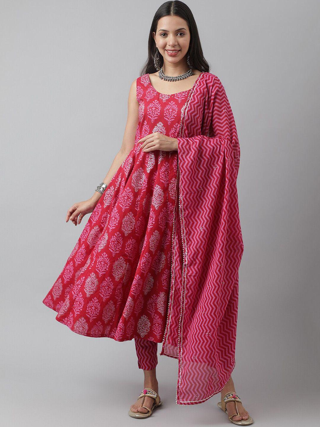 kalini ethnic motifs printed sequinned cotton anarkali kurta & trousers with dupatta