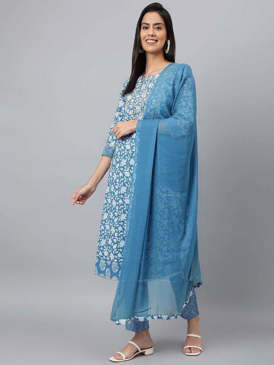 kalini ethnic motifs printed sequinned pure cotton a-line kurta with trousers & dupatta