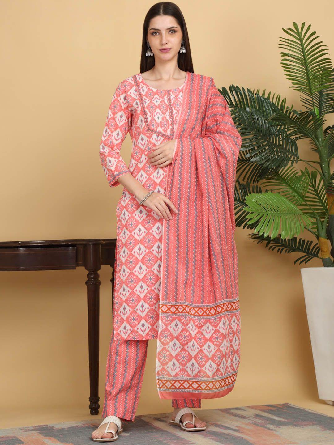 kalini ethnic motifs printed sequinned pure cotton kurta with trousers & with dupatta