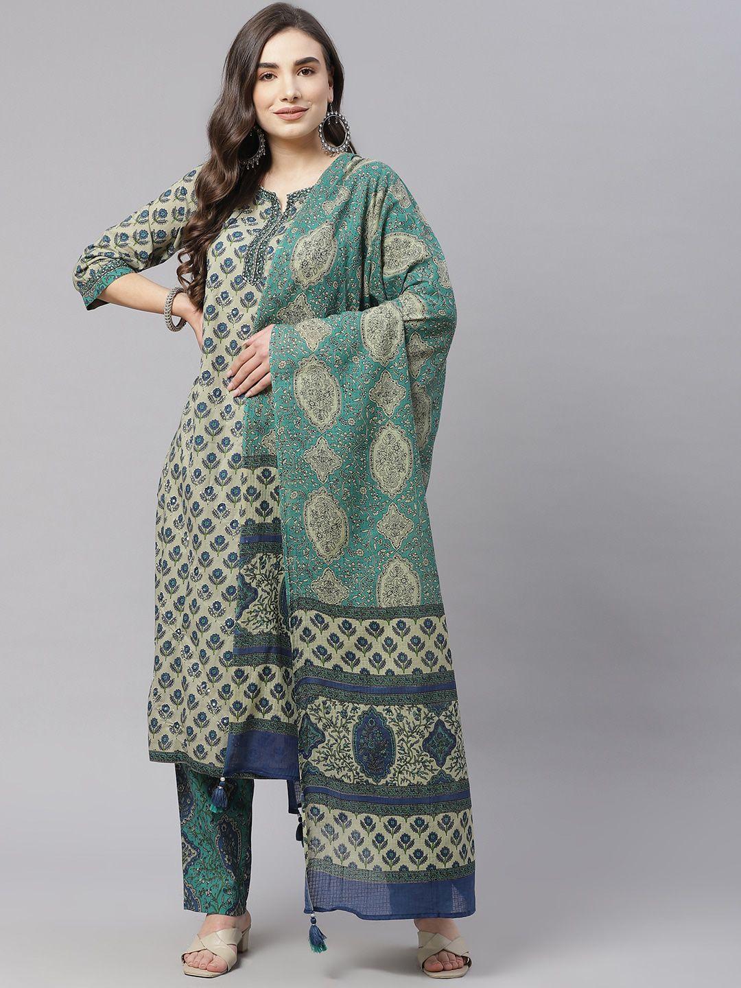kalini ethnic motifs printed sequinned pure cotton straight kurta & trouser with dupatta
