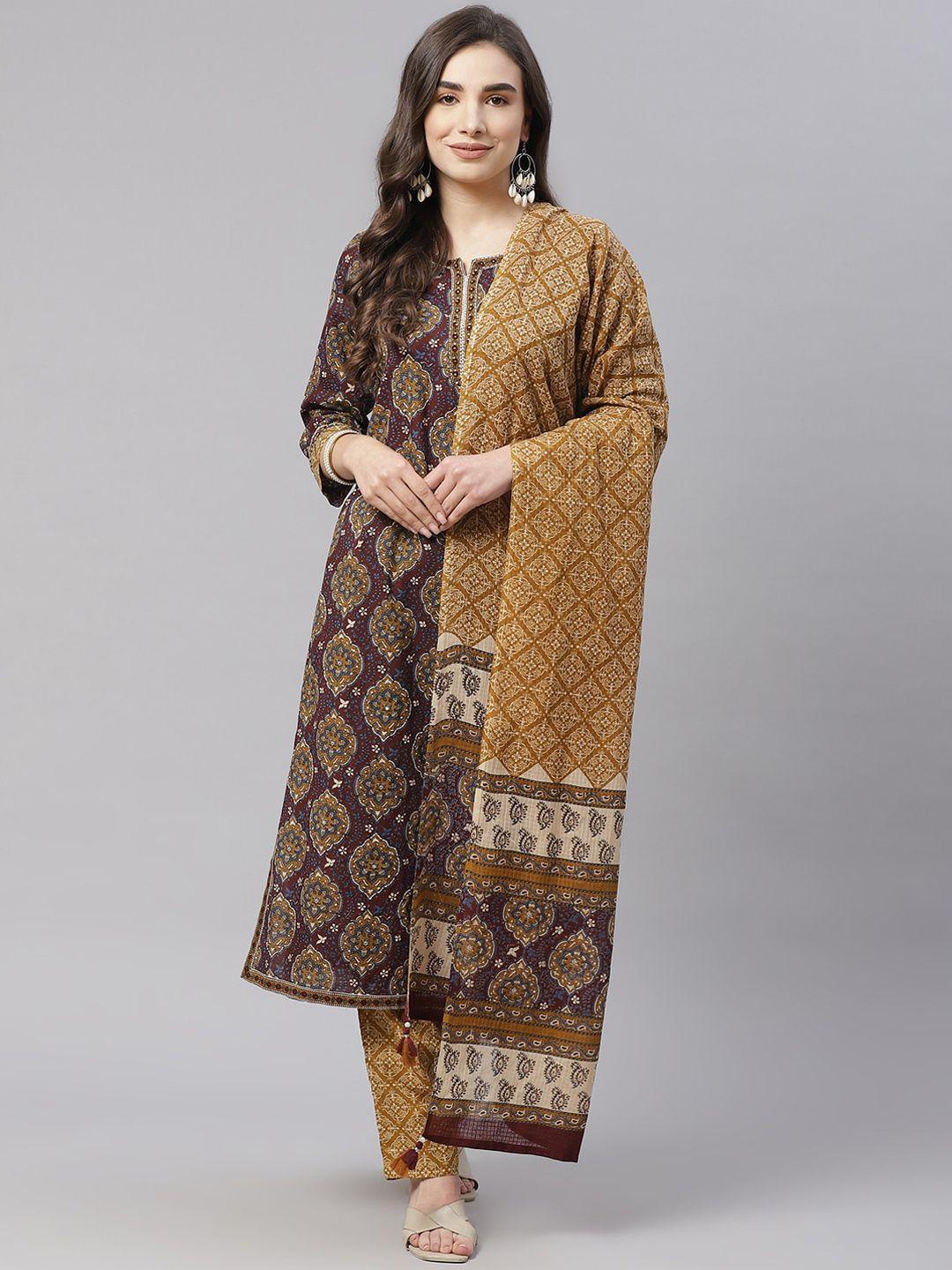 kalini ethnic motifs printed sequinned pure cotton straight kurta & trouser with dupatta