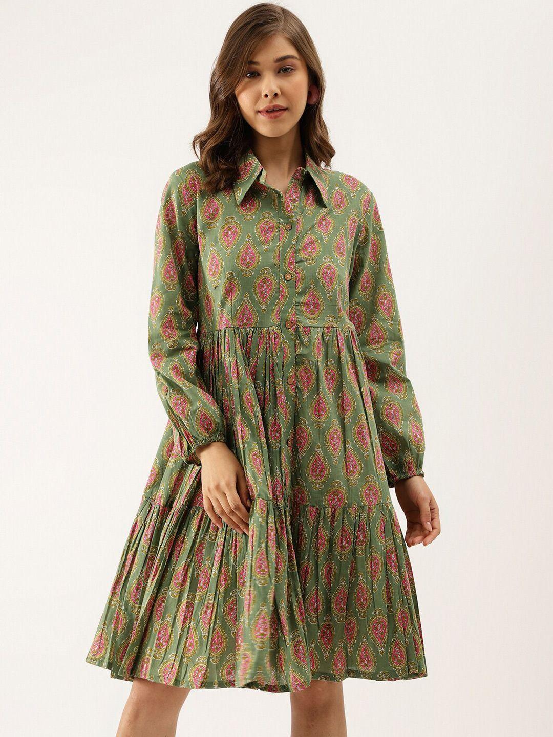 kalini ethnic motifs printed shirt collar cotton fit & flare ethnic dress