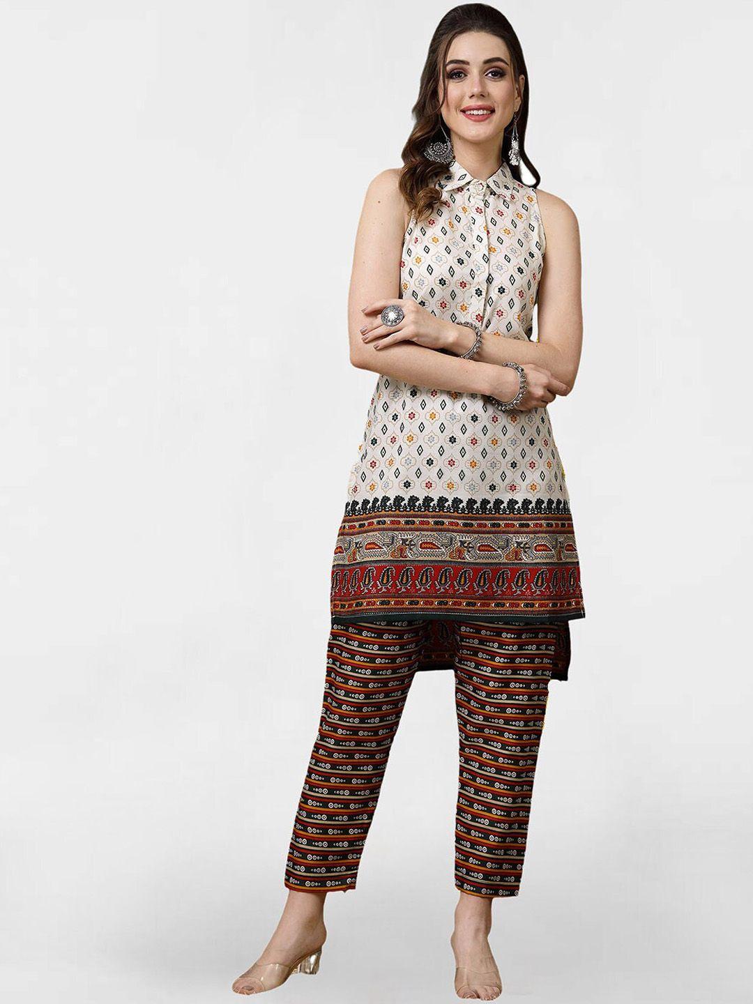 kalini ethnic motifs printed shirt collar high low straight kurta with trousers