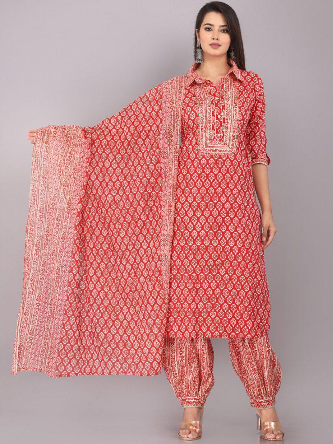 kalini ethnic motifs printed shirt collar straight kurta & salwar with dupatta
