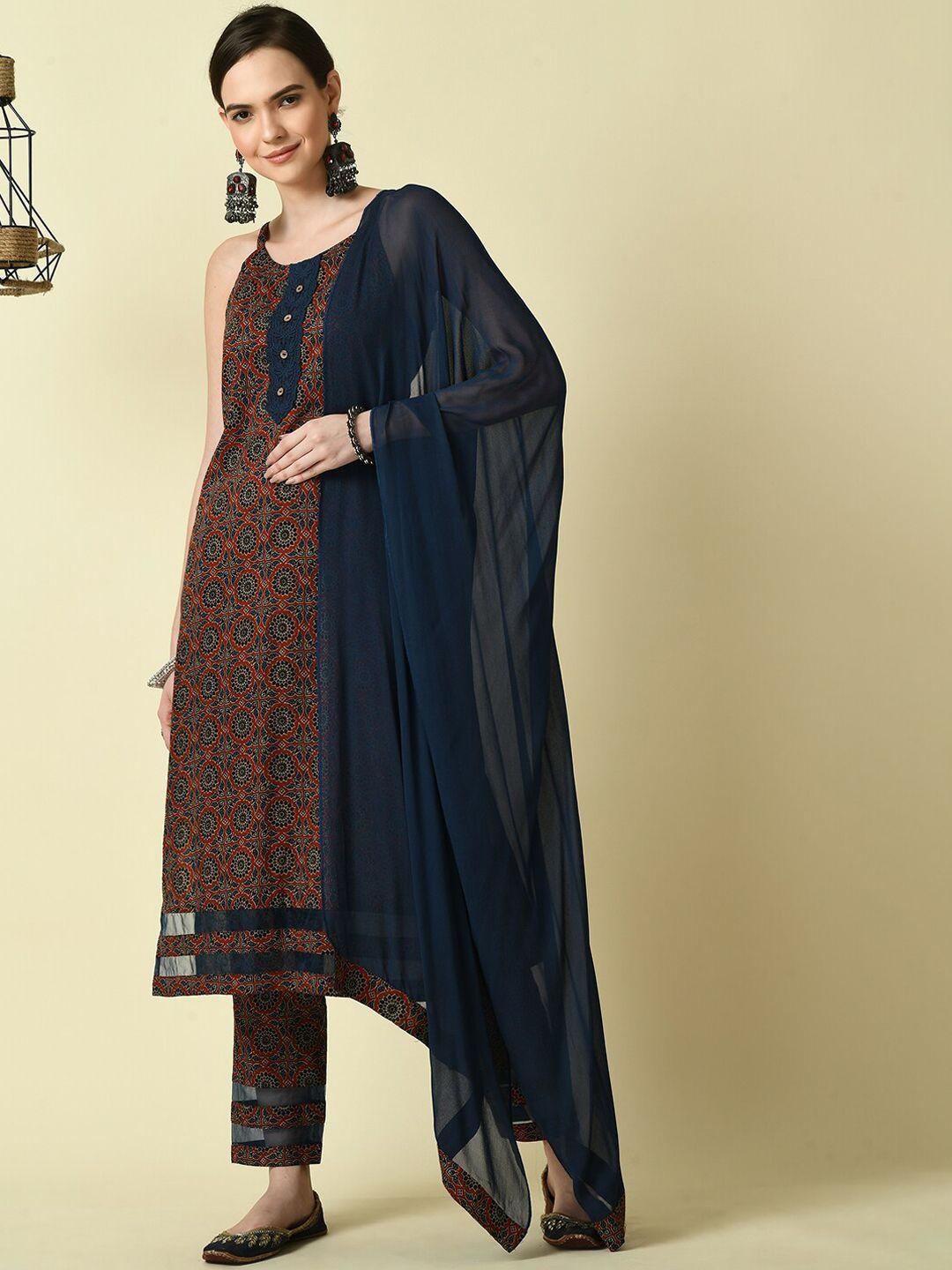 kalini ethnic motifs printed shoulder strap pure cotton kurta with trousers & dupatta