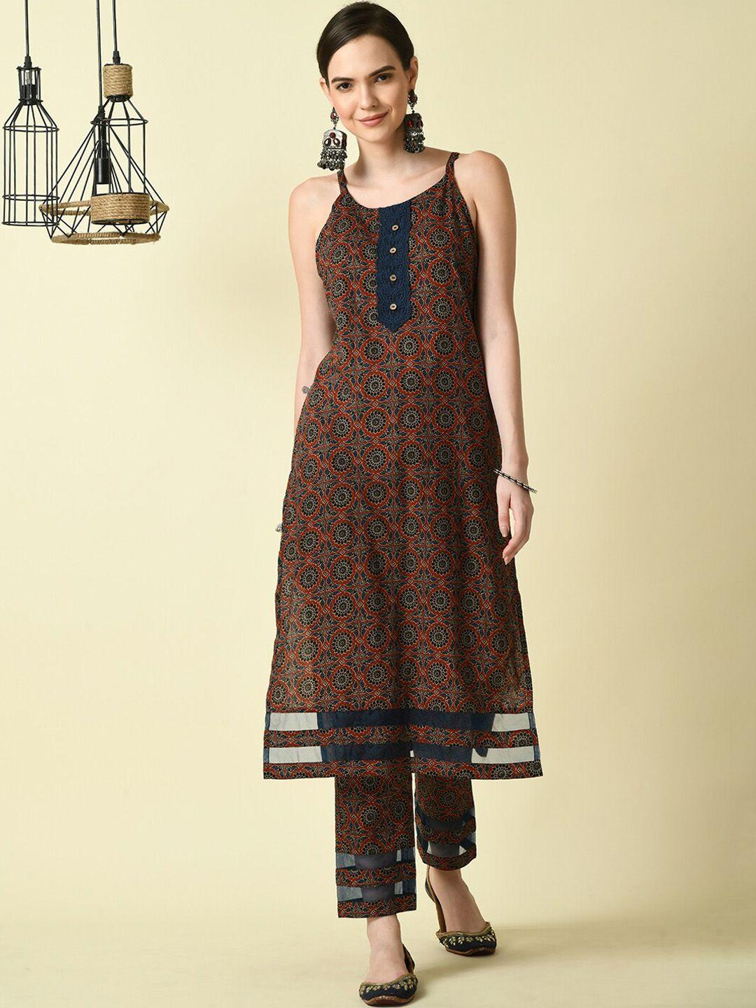 kalini ethnic motifs printed shoulder strap regular pure cotton kurta with trousers