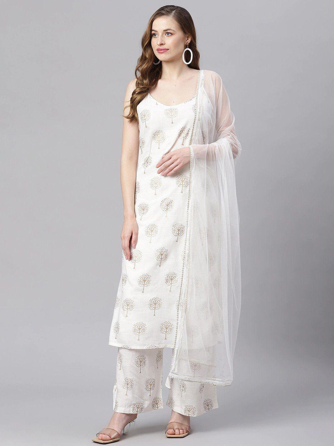 kalini ethnic motifs printed shoulder straps pure cotton kurta & palazzos with dupatta
