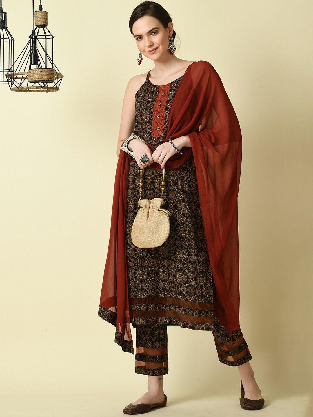 kalini ethnic motifs printed shoulder straps pure cotton kurta with trousers & dupatta