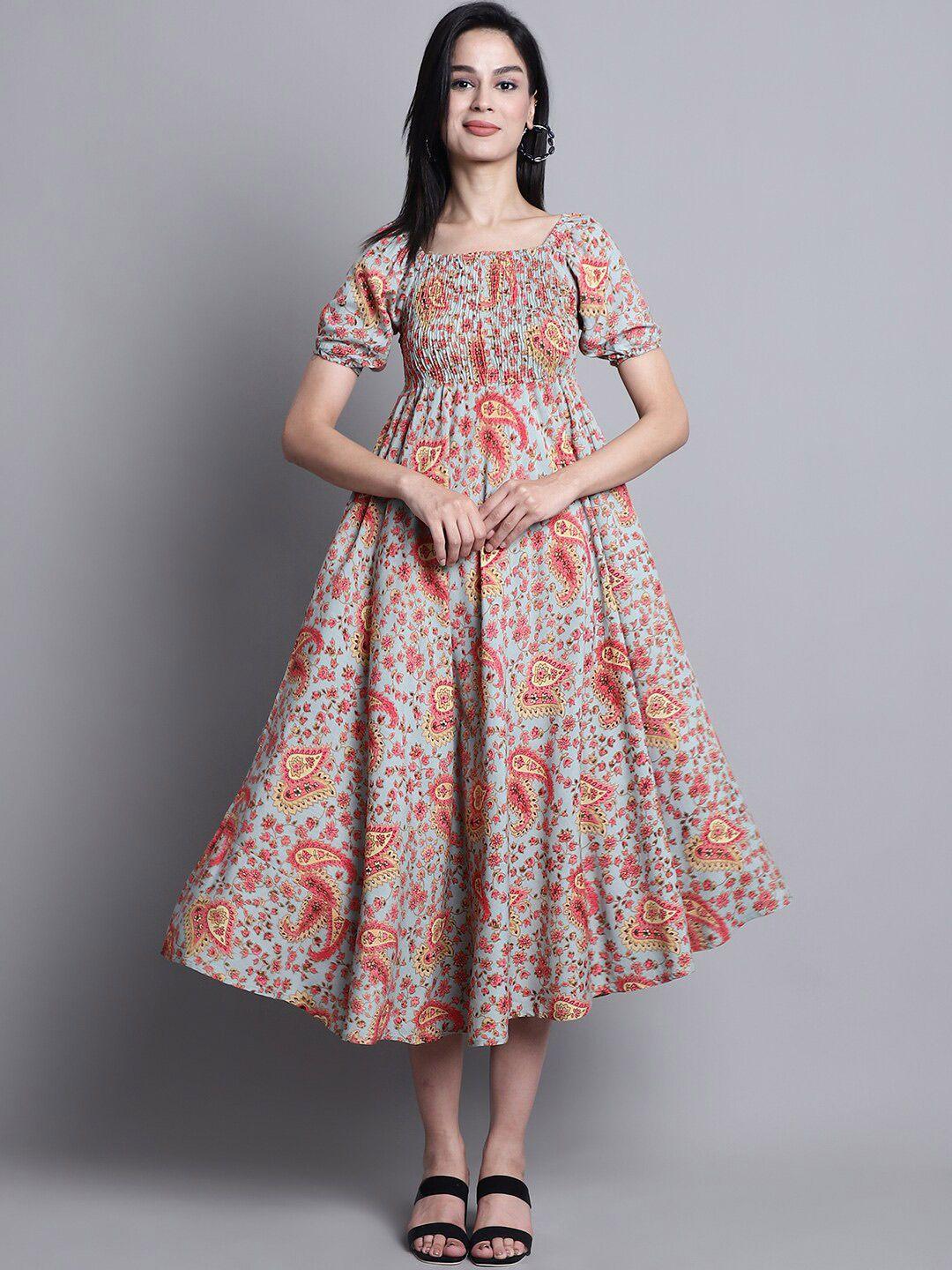 kalini ethnic motifs printed square neck puffed sleeves fit and flare midi dress