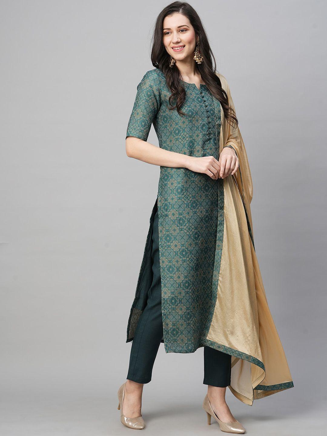 kalini ethnic motifs printed straight kurta & trousers with dupatta