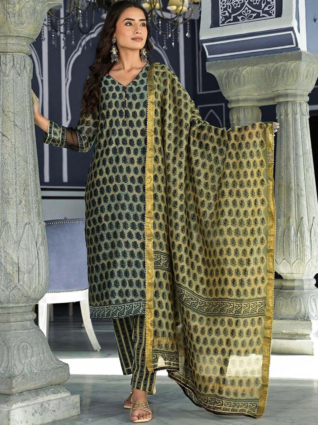 kalini ethnic motifs printed straight kurta & trousers with dupatta
