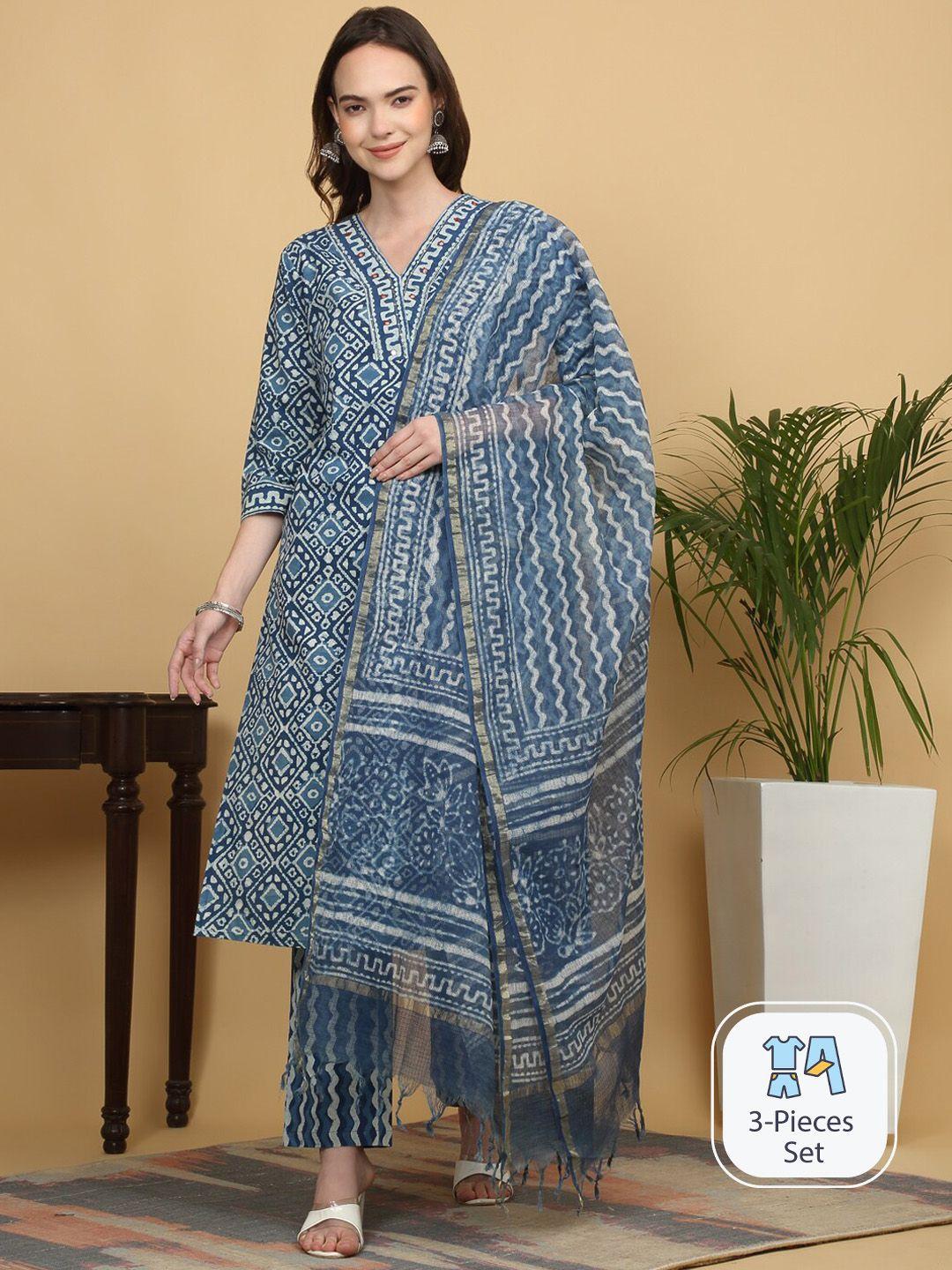 kalini ethnic motifs printed straight pure cotton kurta & trousers with dupatta