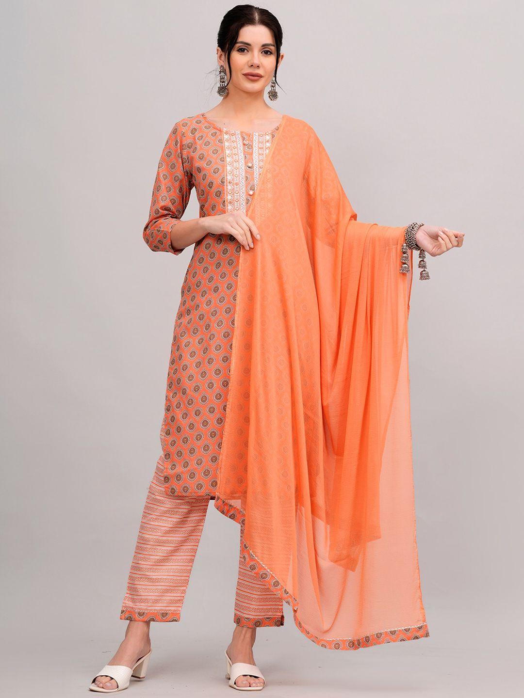kalini ethnic motifs printed straight pure cotton kurta with trousers & dupatta