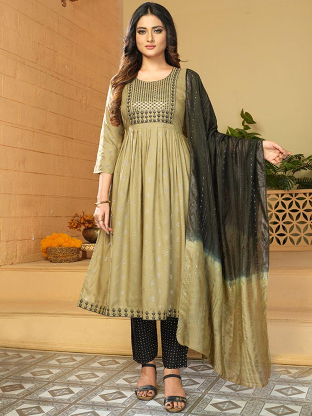 kalini ethnic motifs printed thread work  a-line kurta with trousers and dupatta