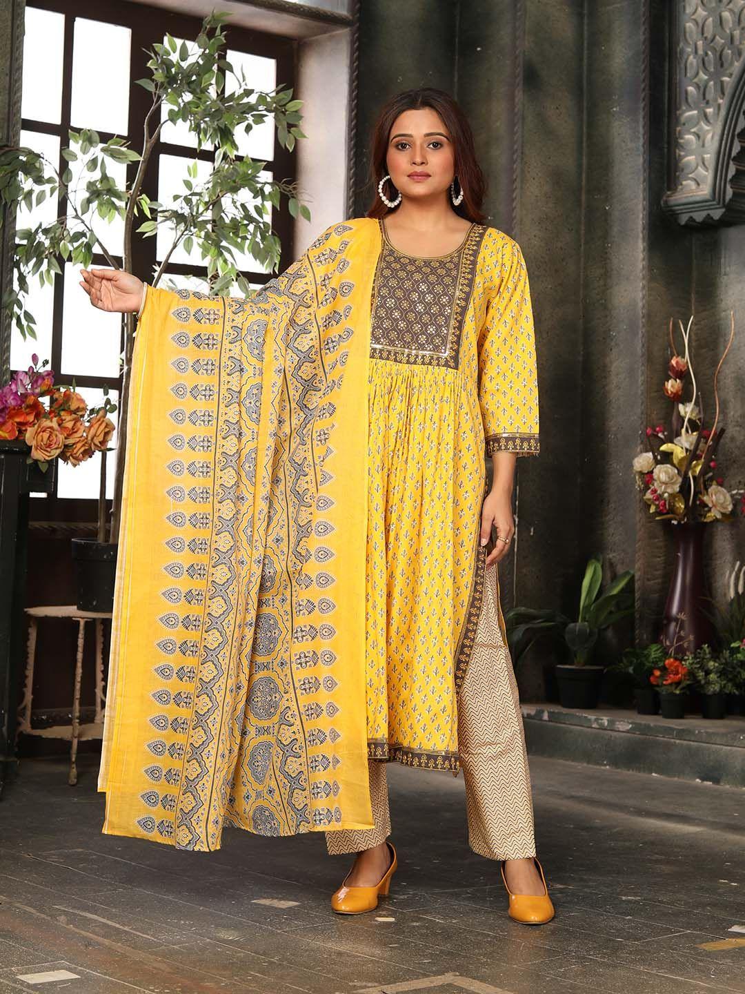 kalini ethnic motifs printed thread work a-line kurta & trousers with dupatta