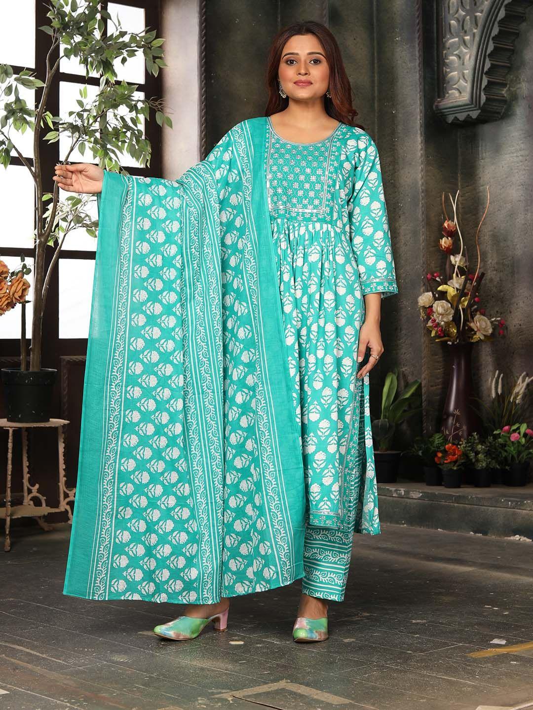 kalini ethnic motifs printed thread work a-line kurta & trousers with dupatta