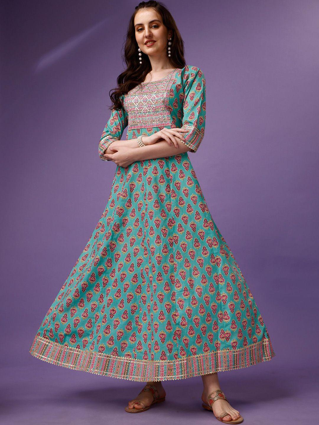 kalini ethnic motifs printed thread work anarkali kurta & trousers with dupatta