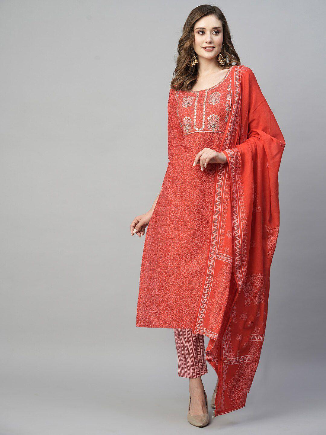 kalini ethnic motifs printed thread work cotton straight kurta & trousers with dupatta