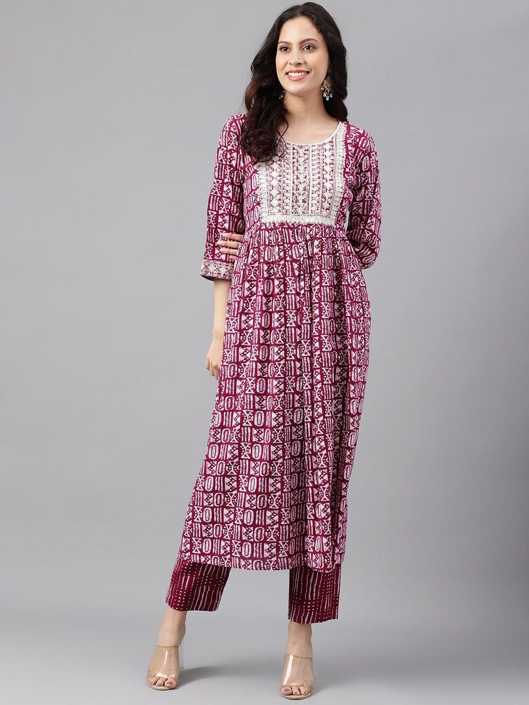 kalini ethnic motifs printed thread work detailed a-line kurta with trousers