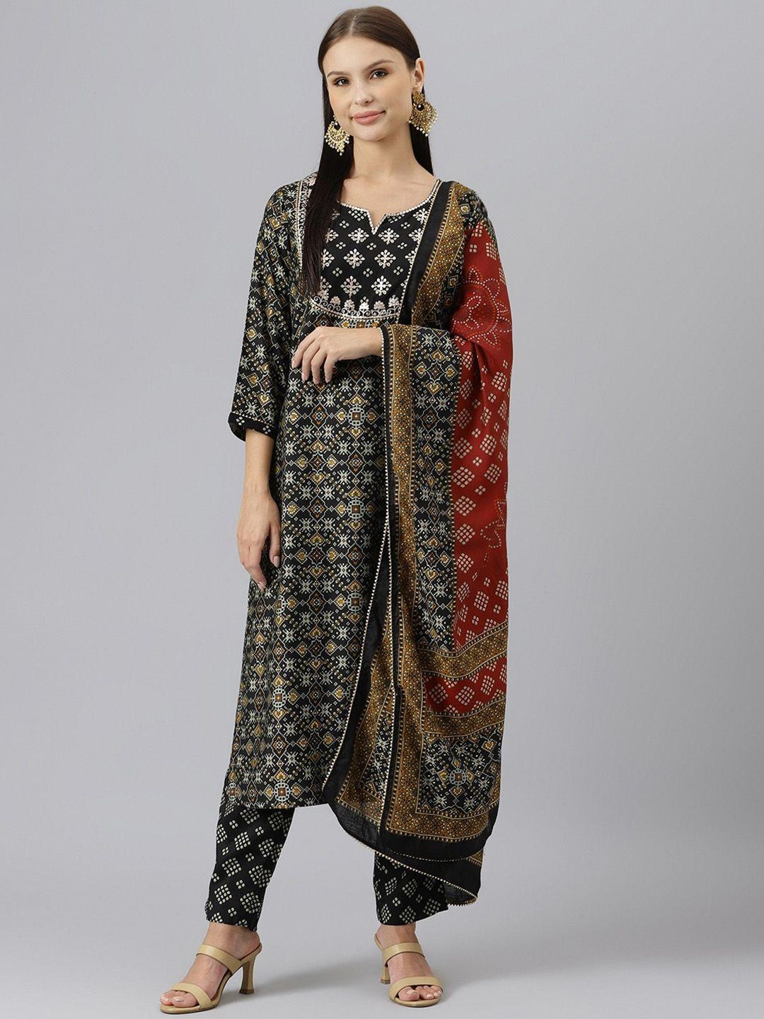 kalini ethnic motifs printed thread work kurta with trousers & dupatta