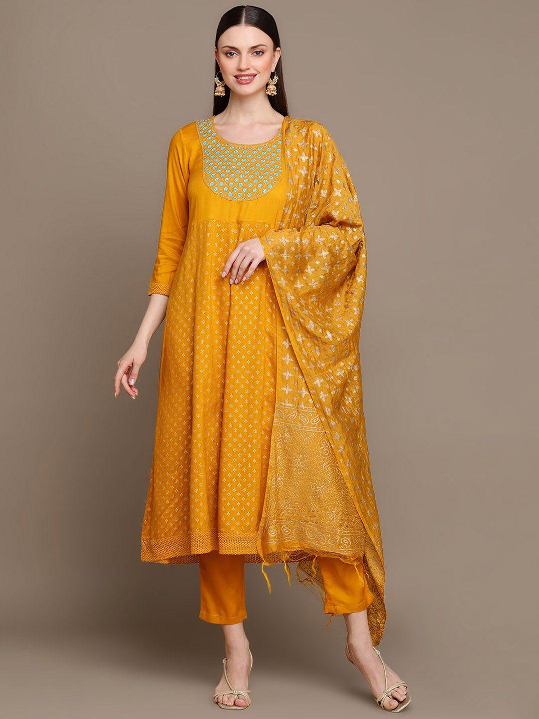 kalini ethnic motifs printed thread work panelled a-line kurta & trousers with dupatta