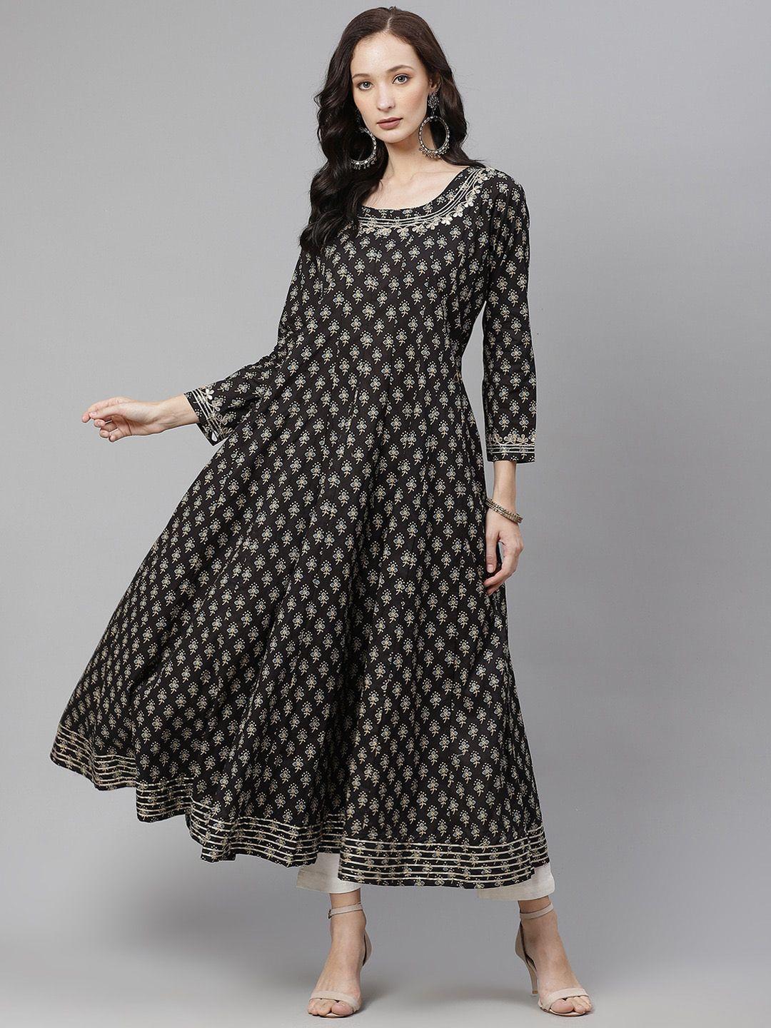 kalini ethnic motifs printed thread work panelled cotton anarkali kurta