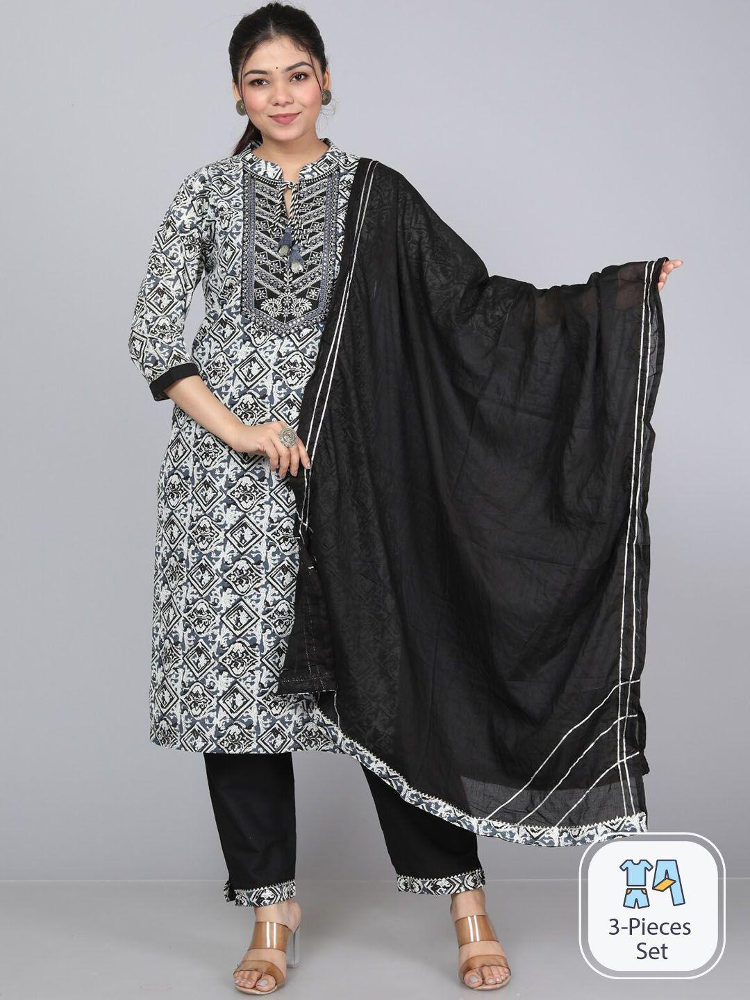 kalini ethnic motifs printed thread work pure cotton kurta with trousers & dupatta