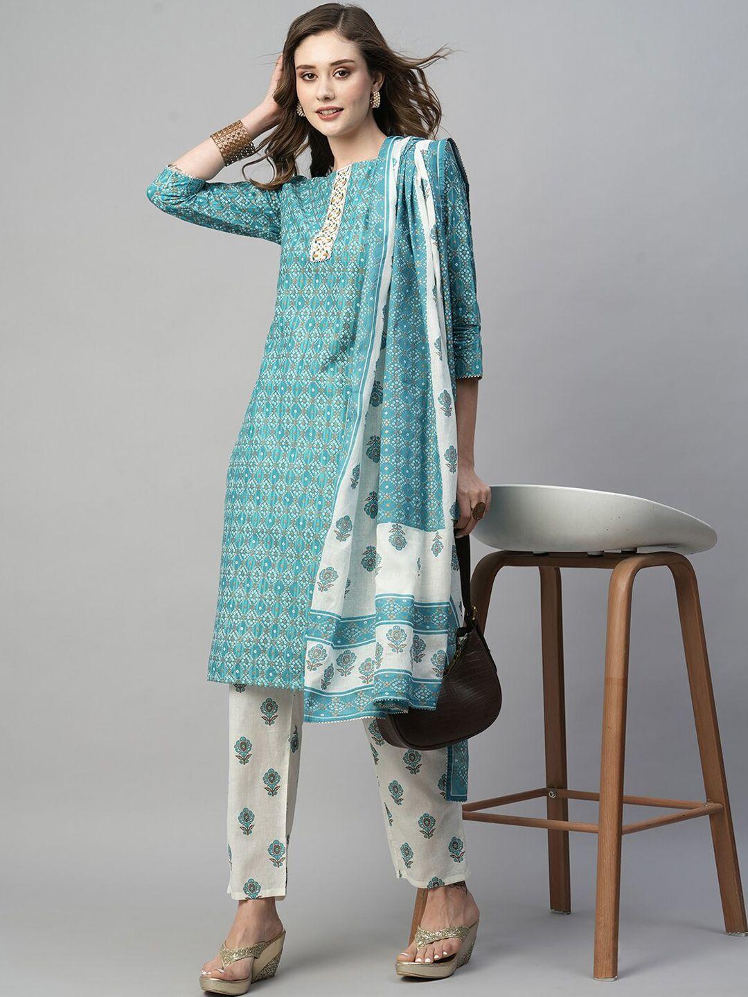 kalini ethnic motifs printed thread work pure cotton straight kurta & trouser with dupatta