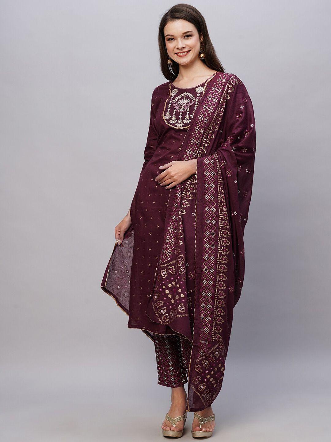 kalini ethnic motifs printed thread work pure cotton straight kurta & trouser with dupatta