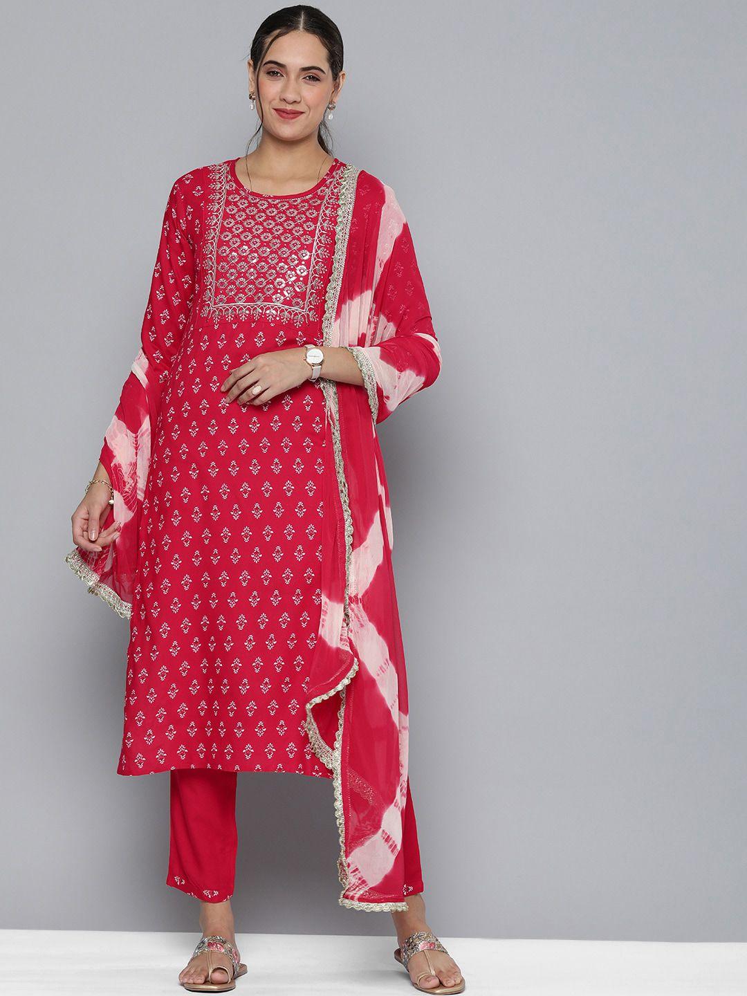 kalini ethnic motifs printed thread work straight kurta with trouser & dupatta