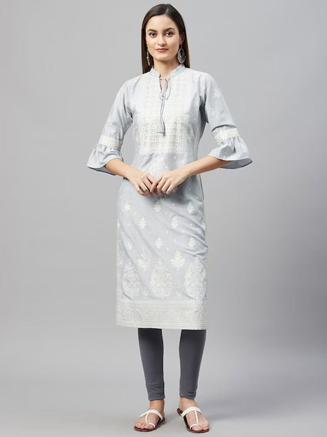 kalini ethnic motifs printed tie-up neck bell sleeves silk kurta