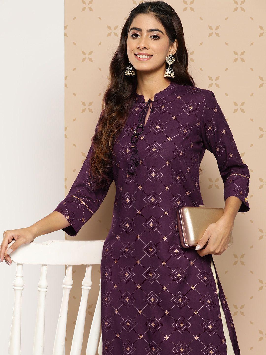 kalini ethnic motifs printed tie-up neck kurta