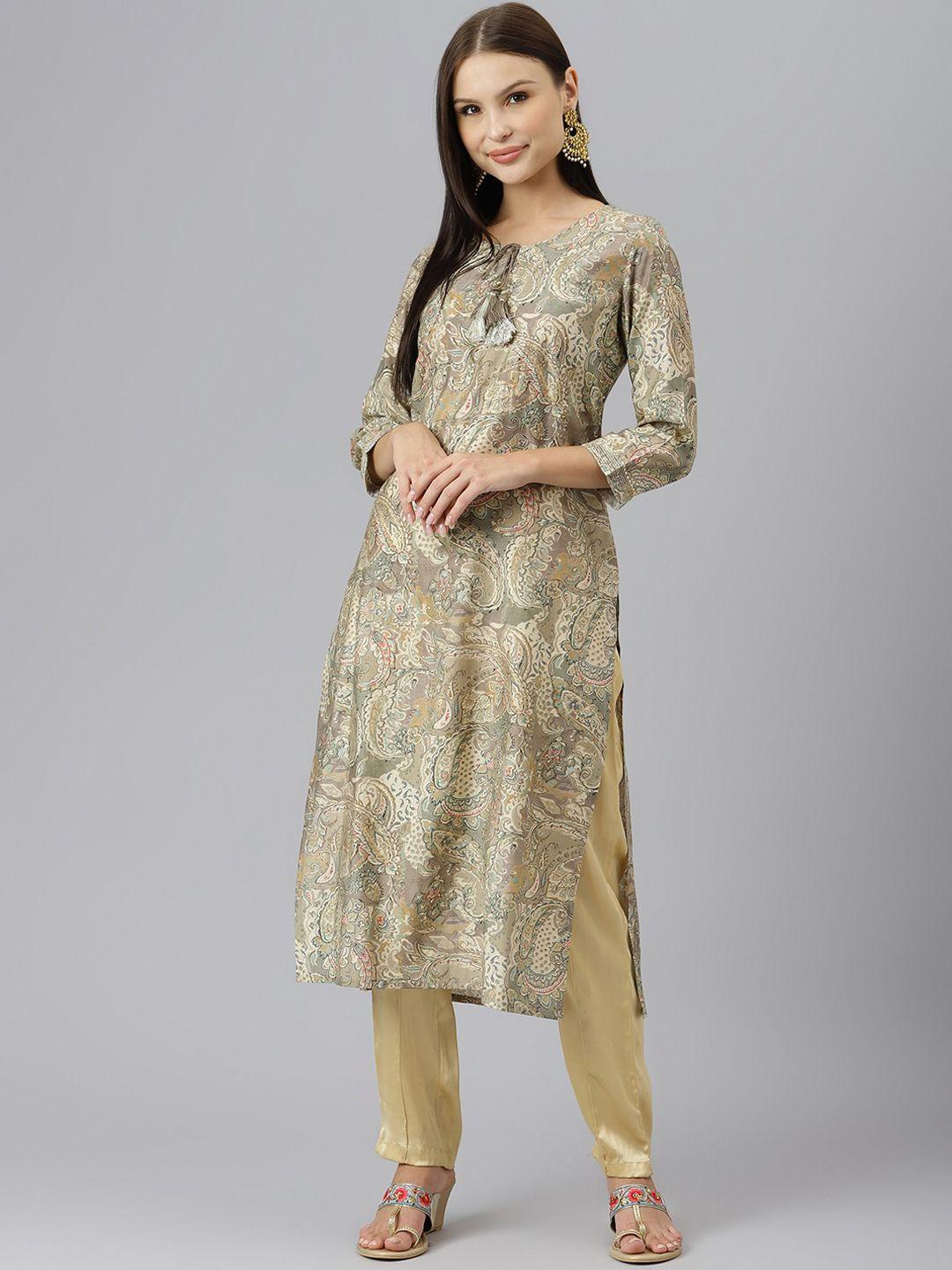 kalini ethnic motifs printed tie up neck modal kurta