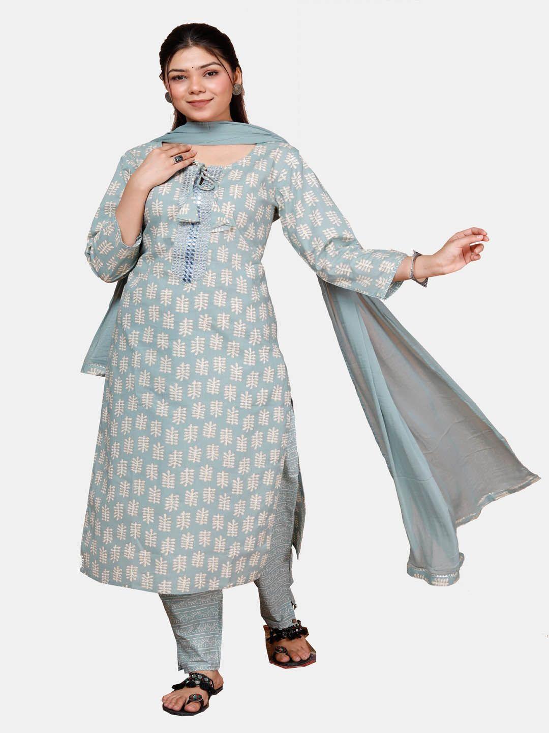 kalini ethnic motifs printed tie-up neck pure cotton kurta with trousers & dupatta