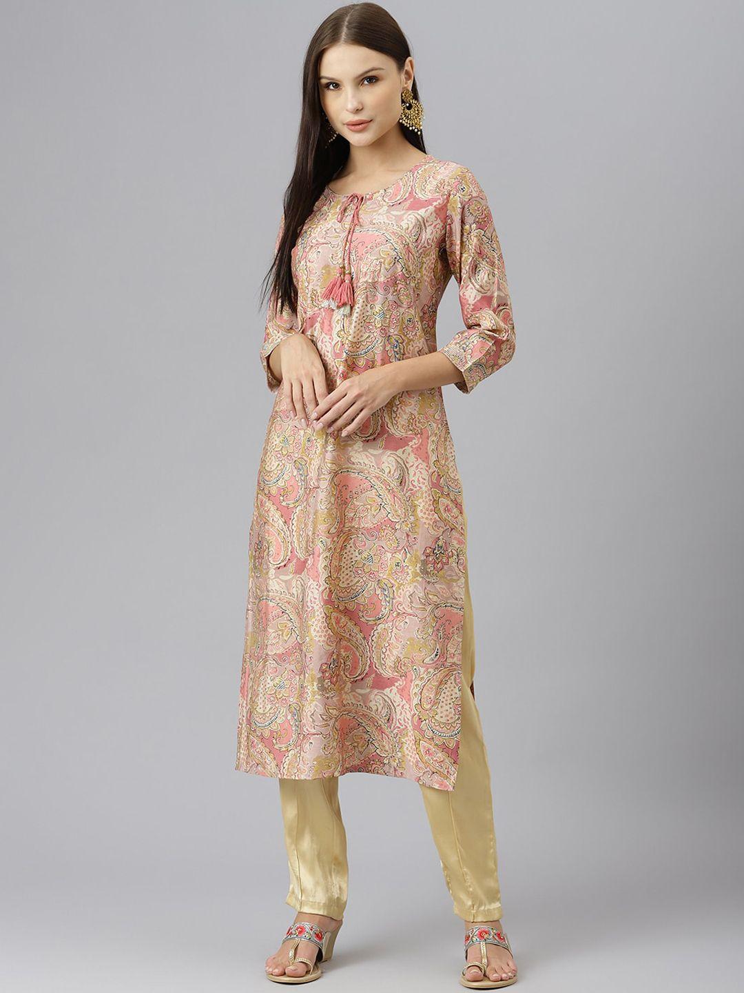 kalini ethnic motifs printed tie-up neck sequinned kurta