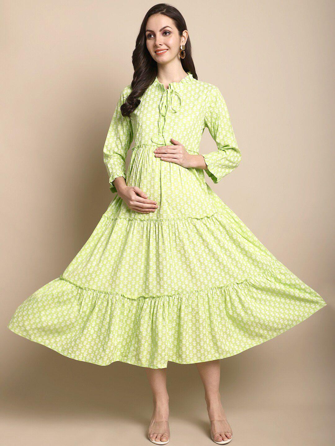 kalini ethnic motifs printed tie-up neck tiered fit & flare maternity dress