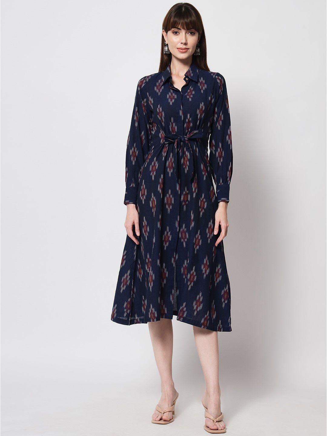 kalini ethnic motifs printed tie up shirt midi dress