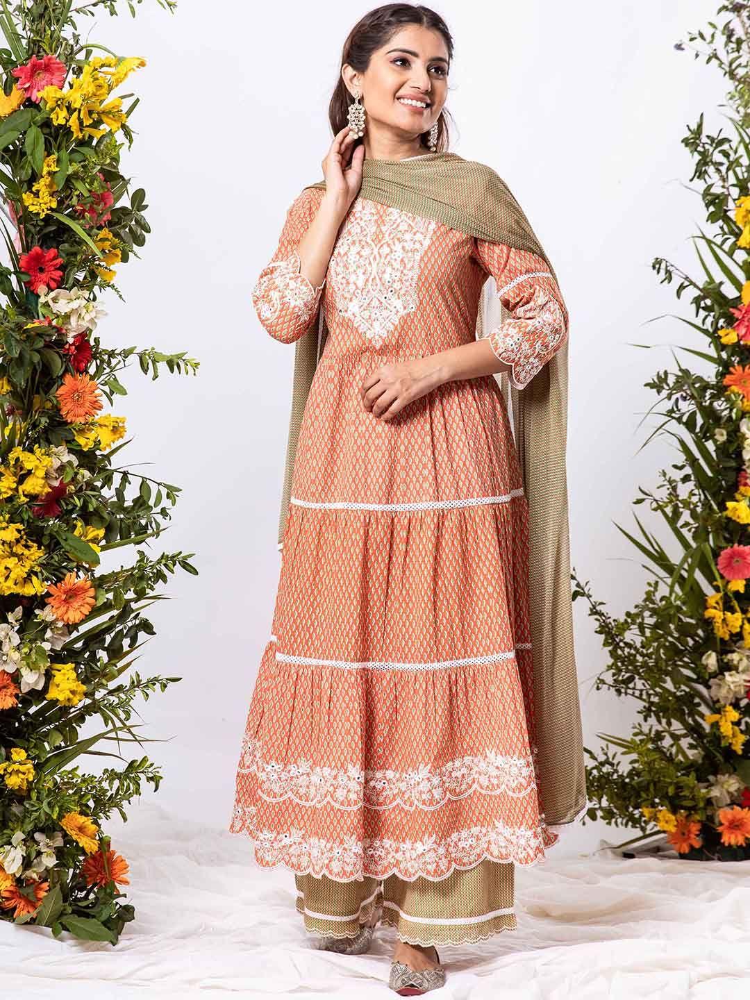 kalini ethnic motifs printed tiered mirror work pure cotton kurta & palazzos with dupatta