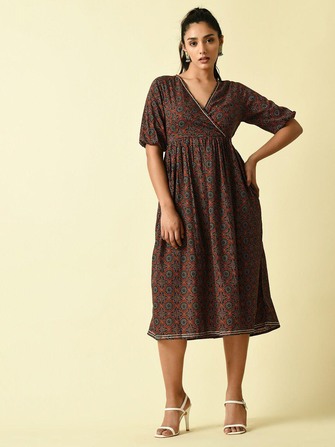 kalini ethnic motifs printed v- neck cotton a-line dress