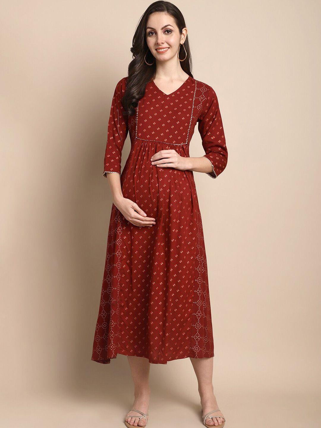 kalini ethnic motifs printed v-neck gathered detail maternity fit & flare midi dress