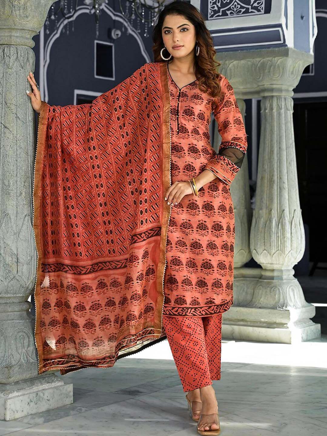 kalini ethnic motifs printed v-neck maheshwari silk straight kurta with trousers & dupatta