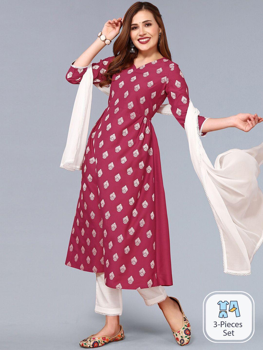 kalini ethnic motifs printed v-neck pleated a-line kurta & trousers with dupatta