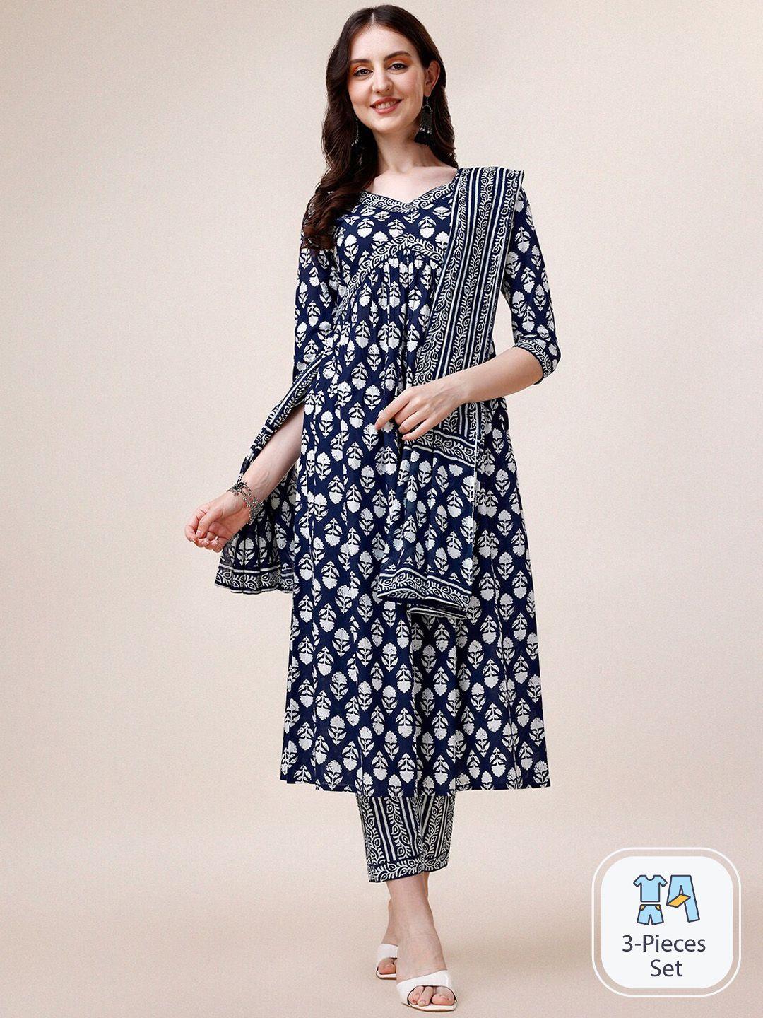 kalini ethnic motifs printed v-neck pure cotton a-line kurta & trousers with dupatta