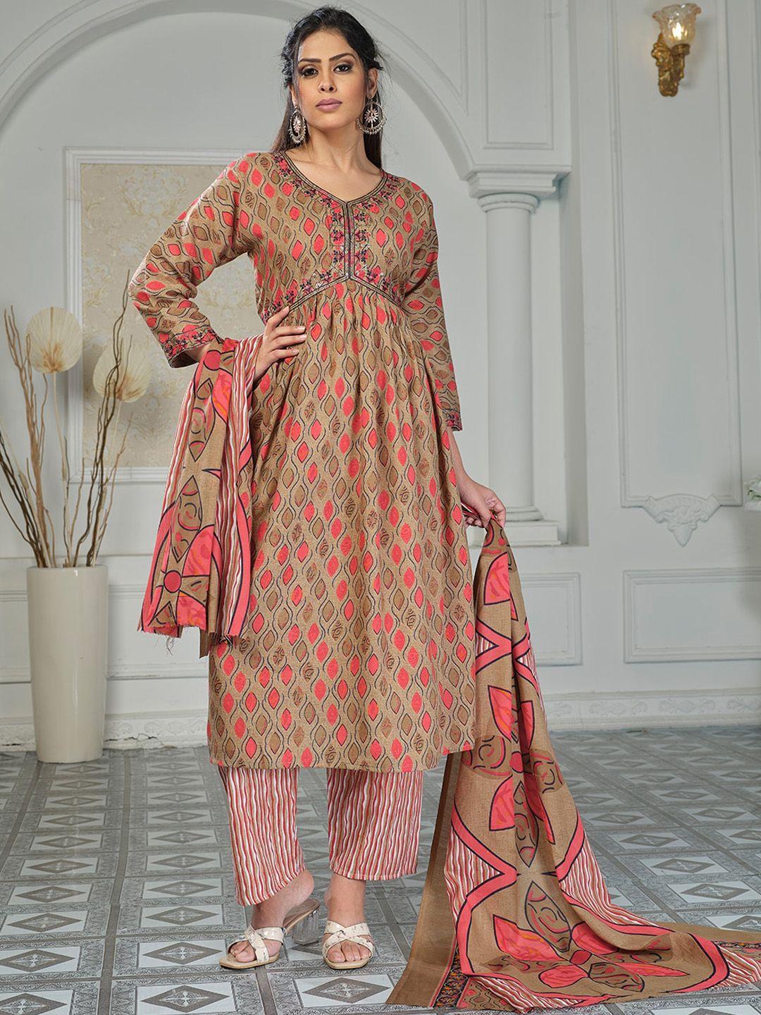 kalini ethnic motifs printed v-neck sequined empire a-line kurta with palazzos & dupatta