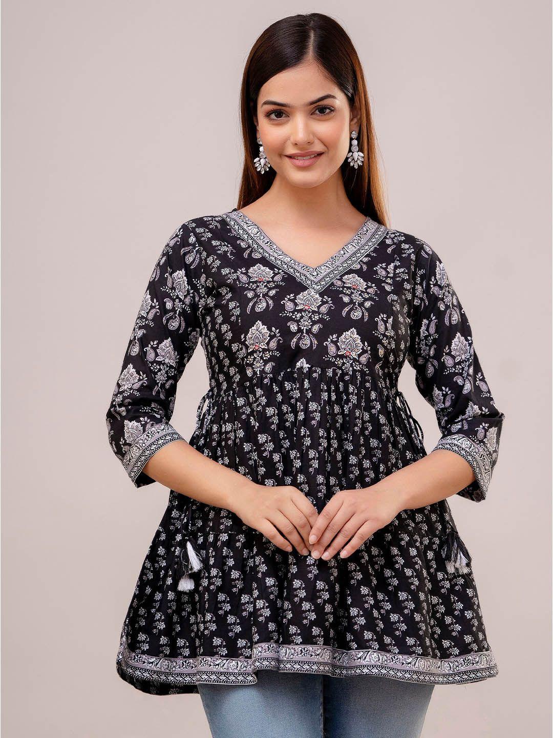 kalini ethnic motifs printed v-neck sequinned detail pure cotton a-line kurti