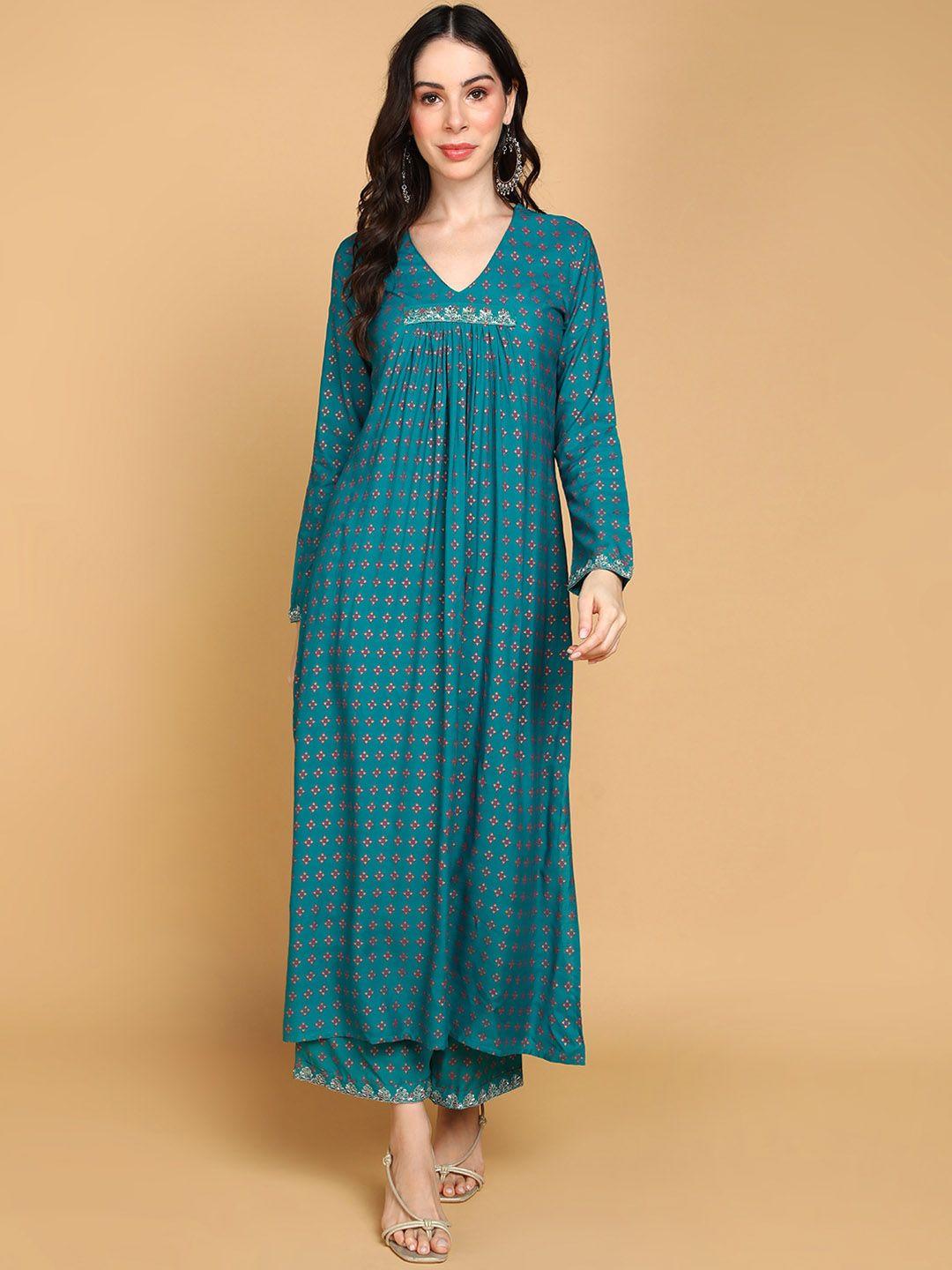 kalini ethnic motifs printed v-neck sequinned empire a-line kurta with palazzo